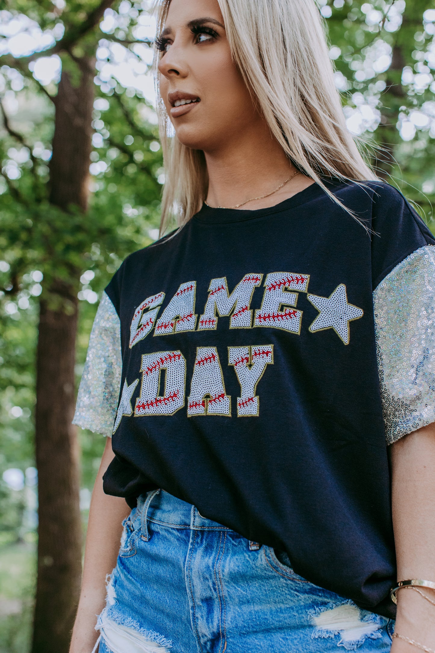 MK489 Sequins Sleeve Game Day Tee - Black