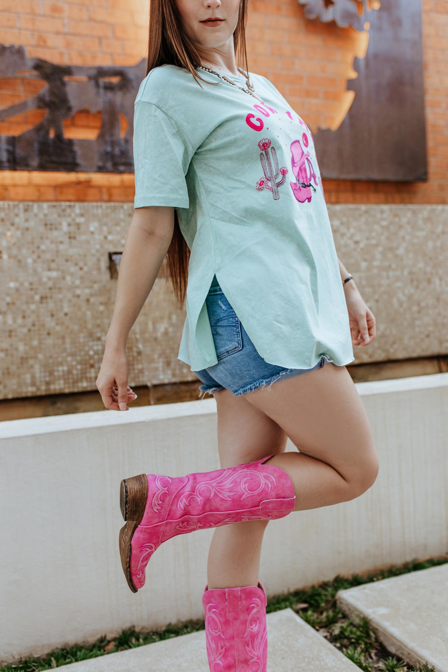 MK226 Azalea Cowgirl Embroidered Round Hem Tee