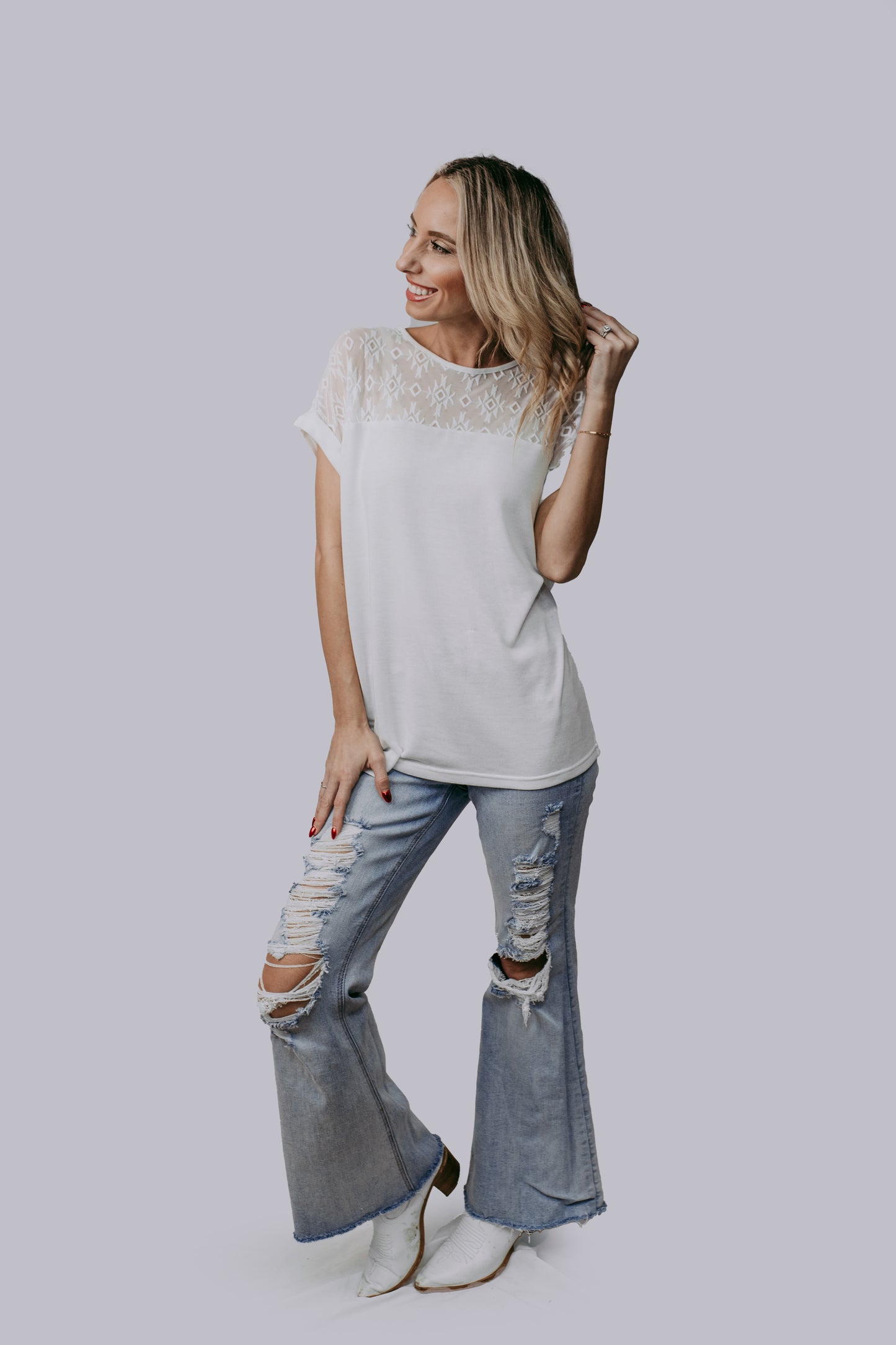 MK673 Aztec Lace Mix Blouse White