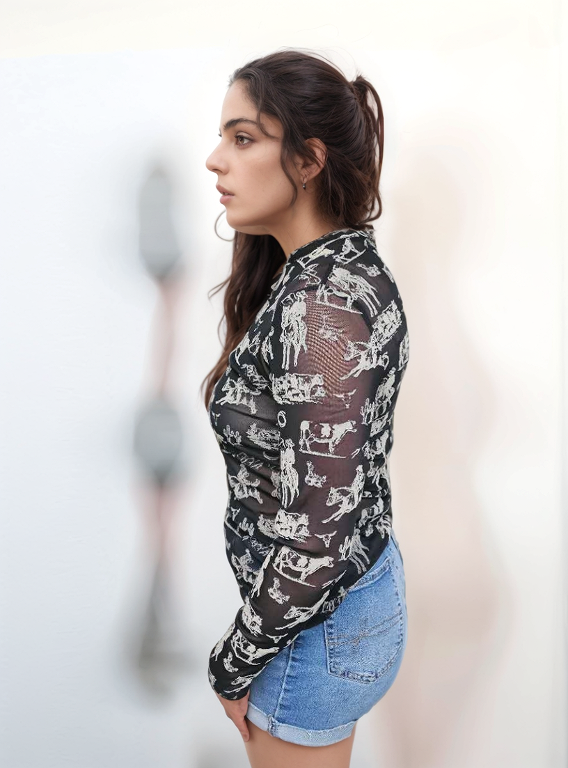 MK735 Long Sleeve Western Scene Mesh Top