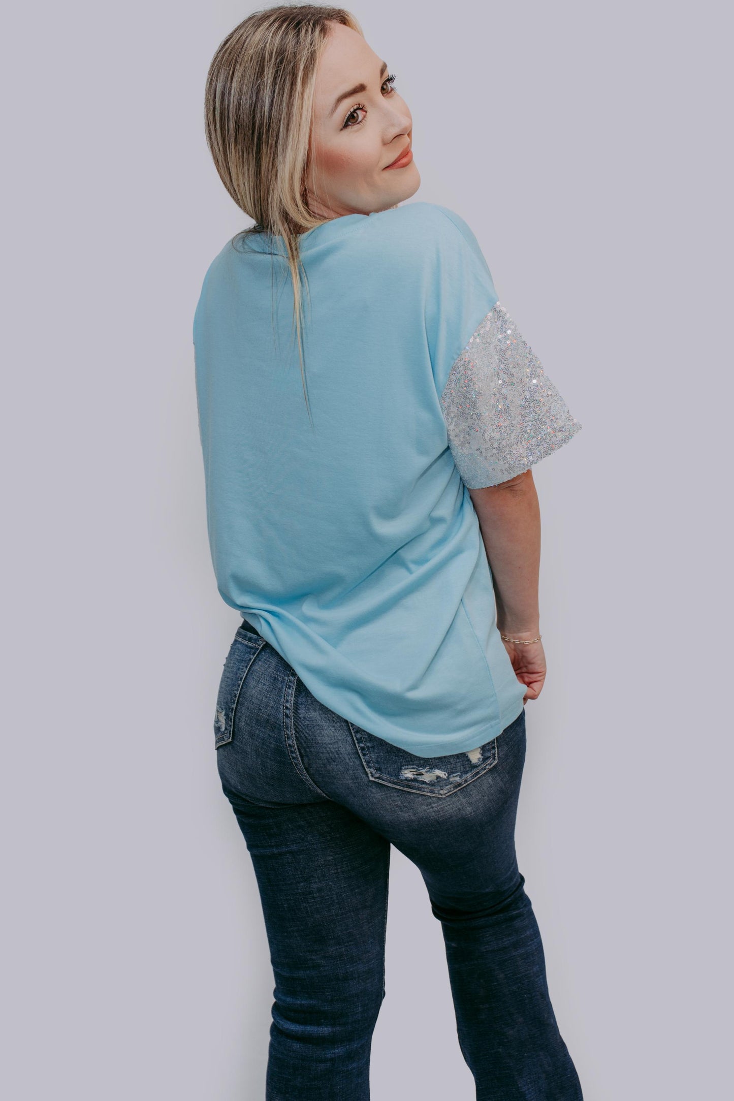 MK489 Sequins Sleeve Game Day Tee - Icy Blue