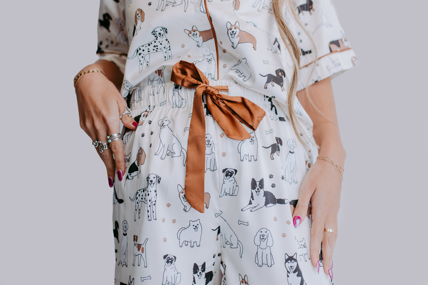 TZ39 Lovely Dogs Satin Pajamas Shorts Set