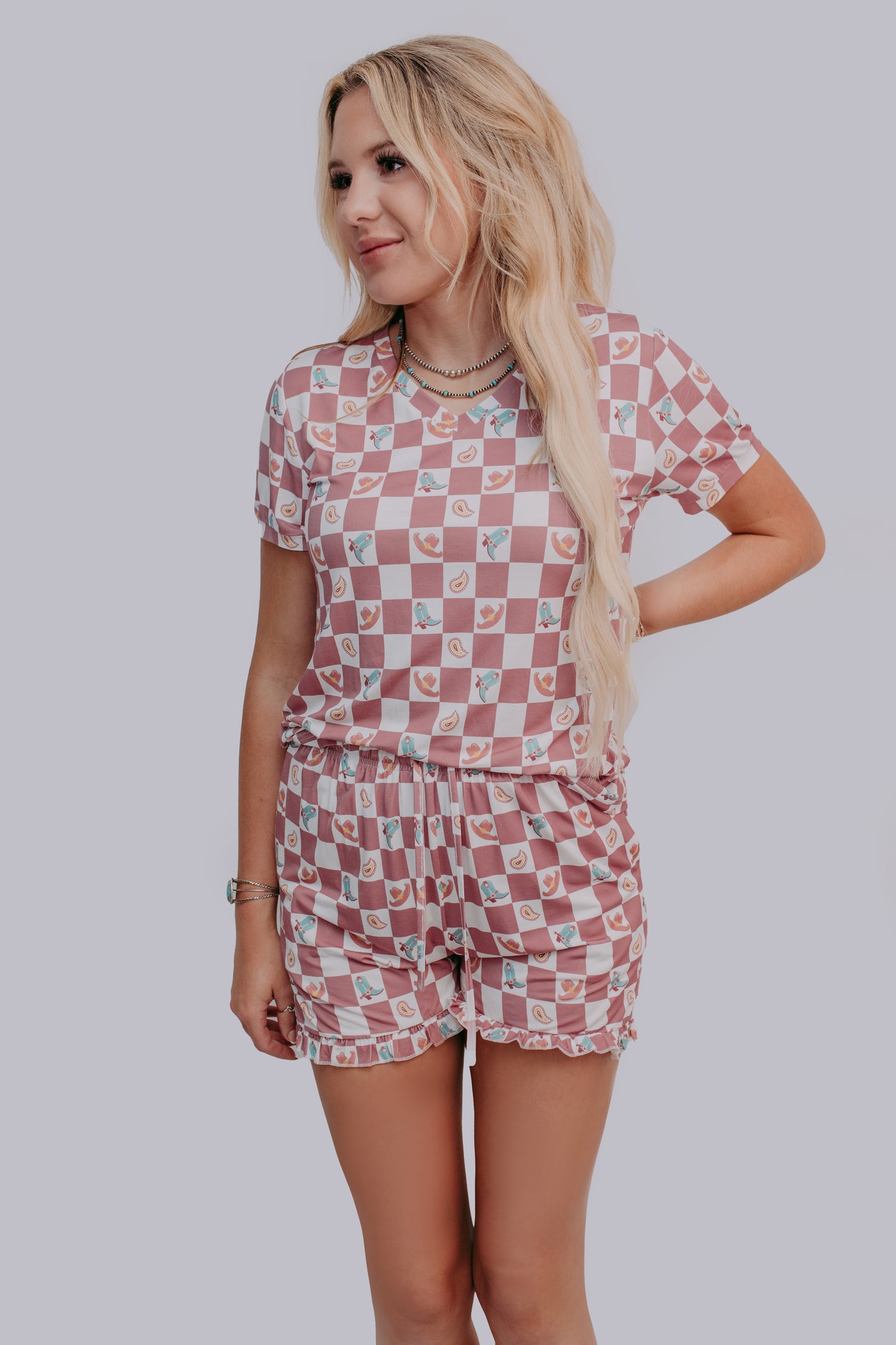 TZ43 Western Checkers Modal Pajamas Shorts Set