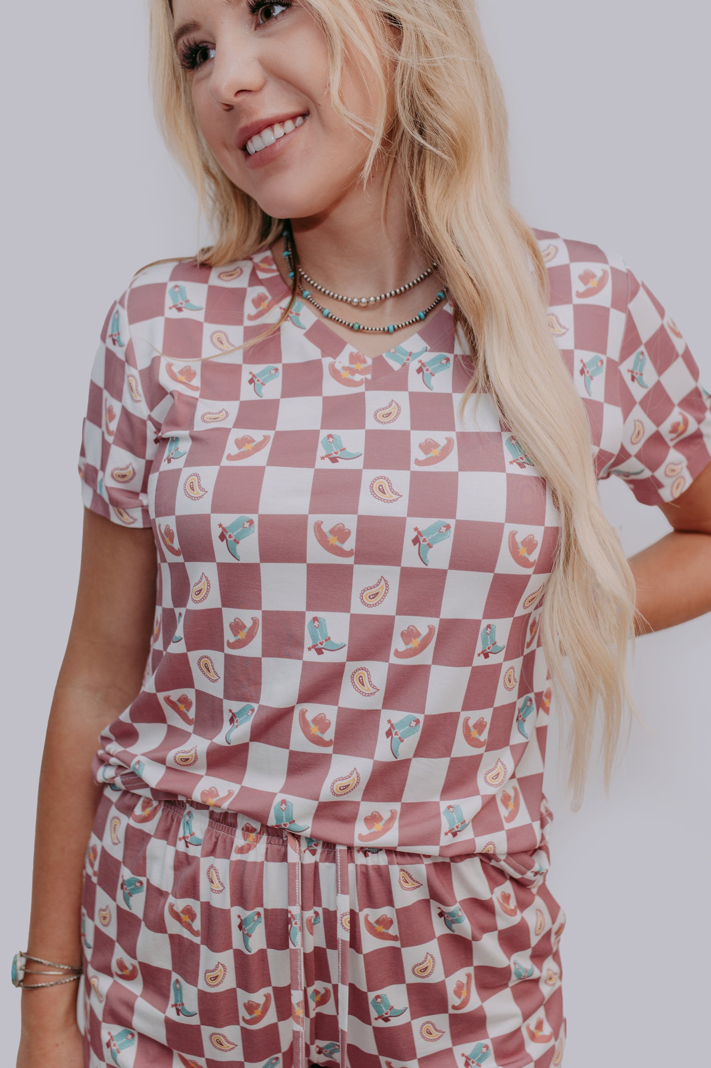 TZ43 Western Checkers Modal Pajamas Shorts Set