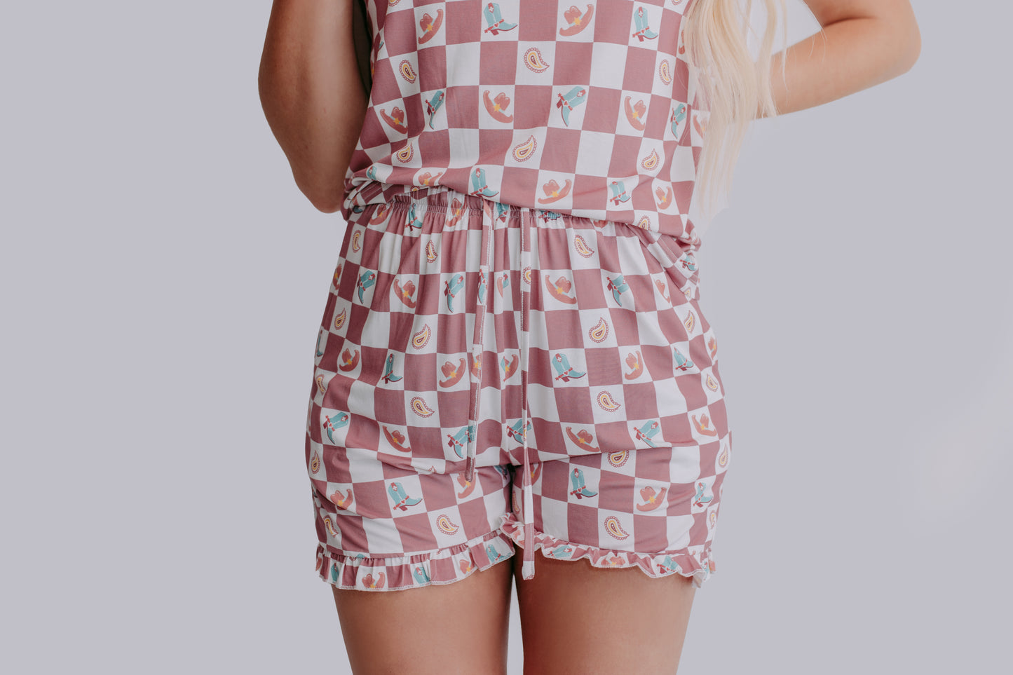 TZ43 Western Checkers Modal Pajamas Shorts Set