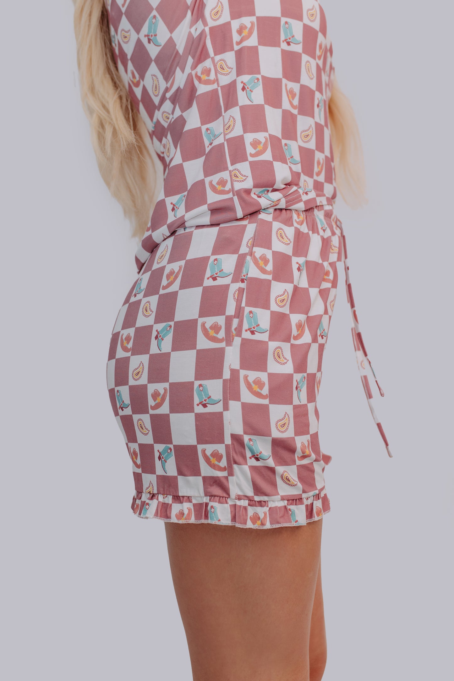 TZ43 Western Checkers Modal Pajamas Shorts Set