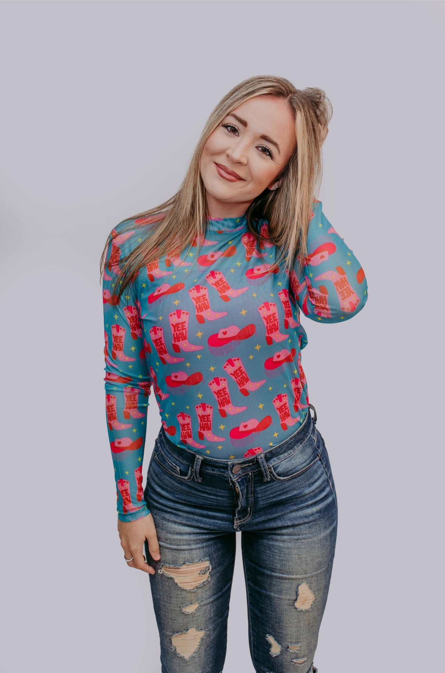 MK165 Yee Haw Long Sleeve Mesh Top - Multi