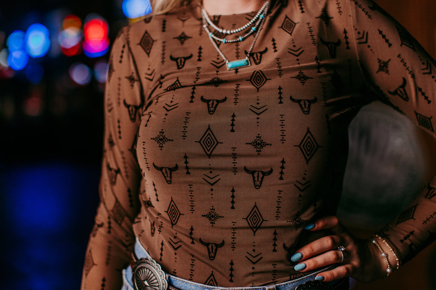 MK535 Cow head Aztec Mesh Top Brown