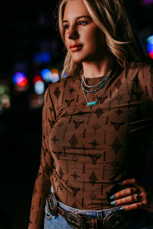 MK535 Cow head Aztec Mesh Top Brown
