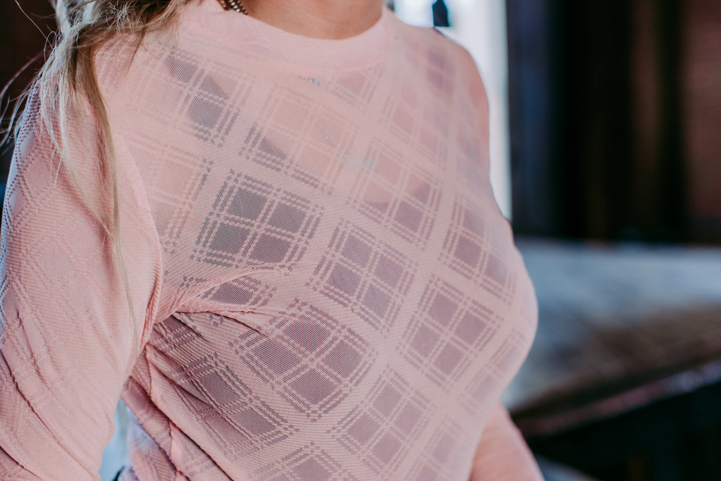 MK515-A Pretty in Pink Plaid LS Mesh Top
