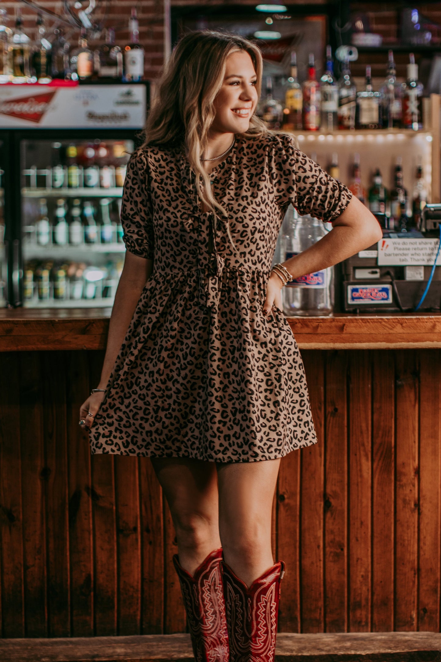 MK658 Leopard Front Bow Tie Dress