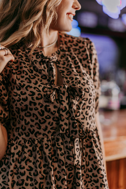 MK658 Leopard Front Bow Tie Dress