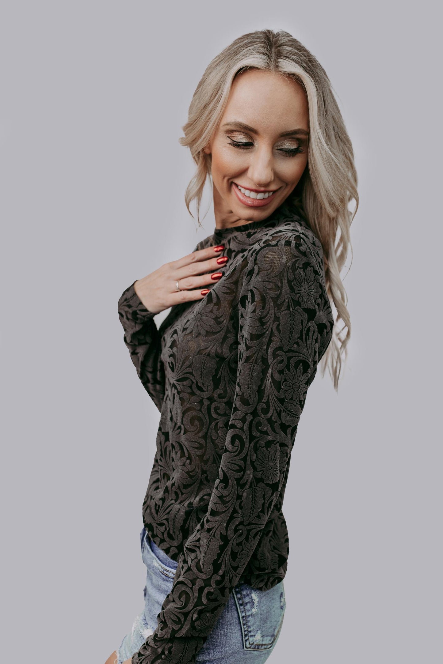 MK479 Tooled Leather Mesh Top