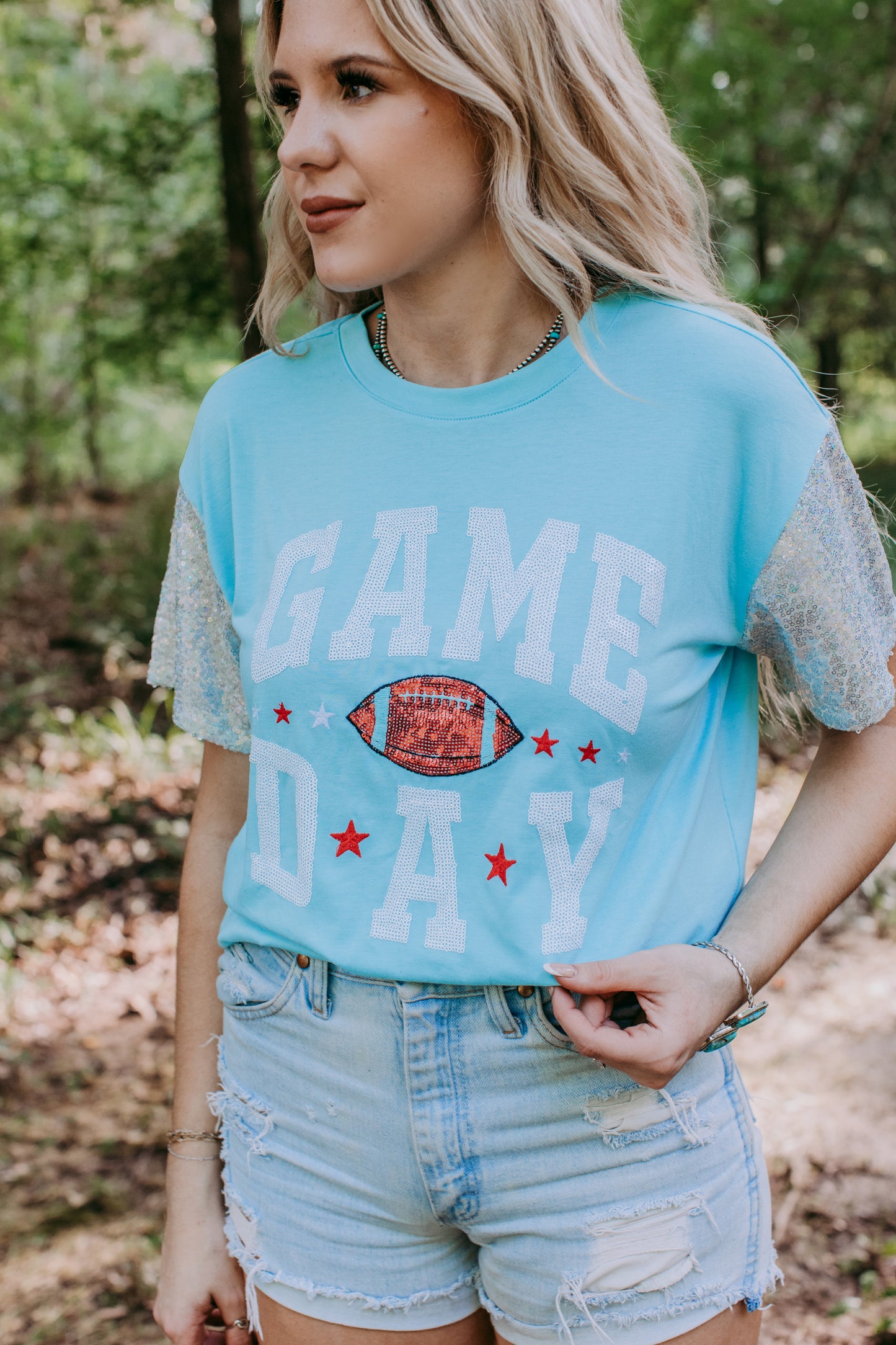 MK489 Sequins Sleeve Game Day Tee - Icy Blue