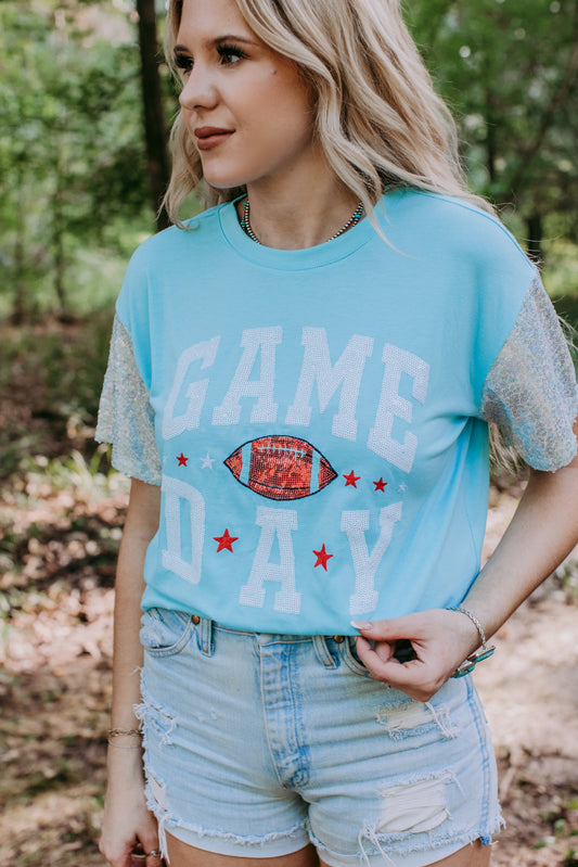 MK489 Sequins Sleeve Game Day Tee - Icy Blue