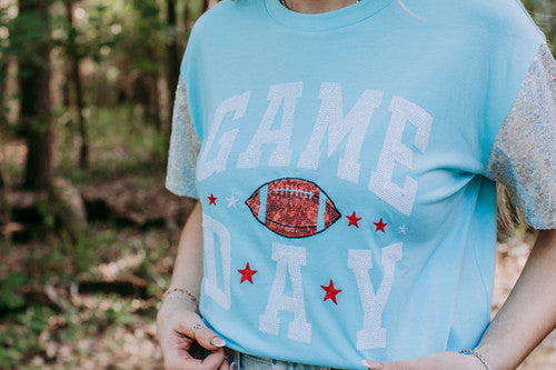 MK489 Sequins Sleeve Game Day Tee - Icy Blue