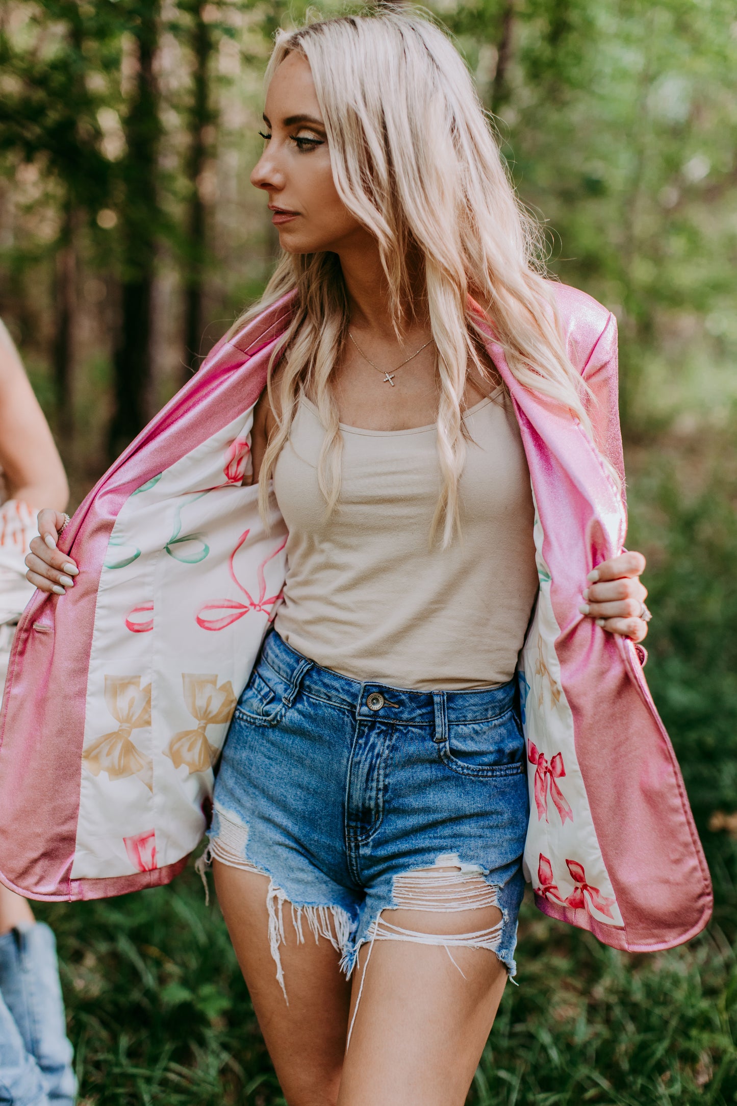 MK505 Metallic Faux Leather Blazer Pink