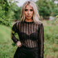 MK424 Night Fever Long Sleeve Foil Embellished Mesh Top - Gold