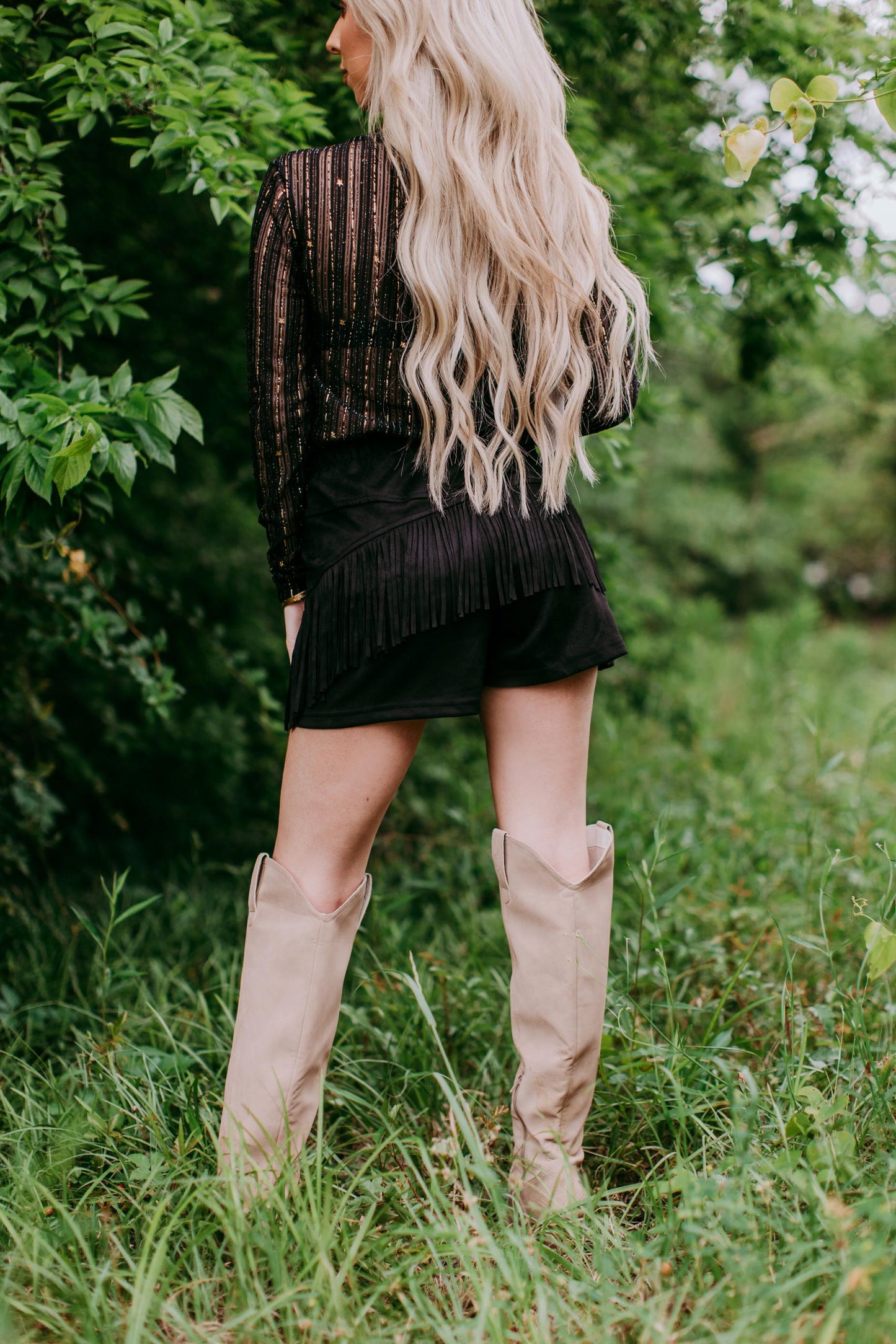 MK424 Night Fever Long Sleeve Foil Embellished Mesh Top - Gold