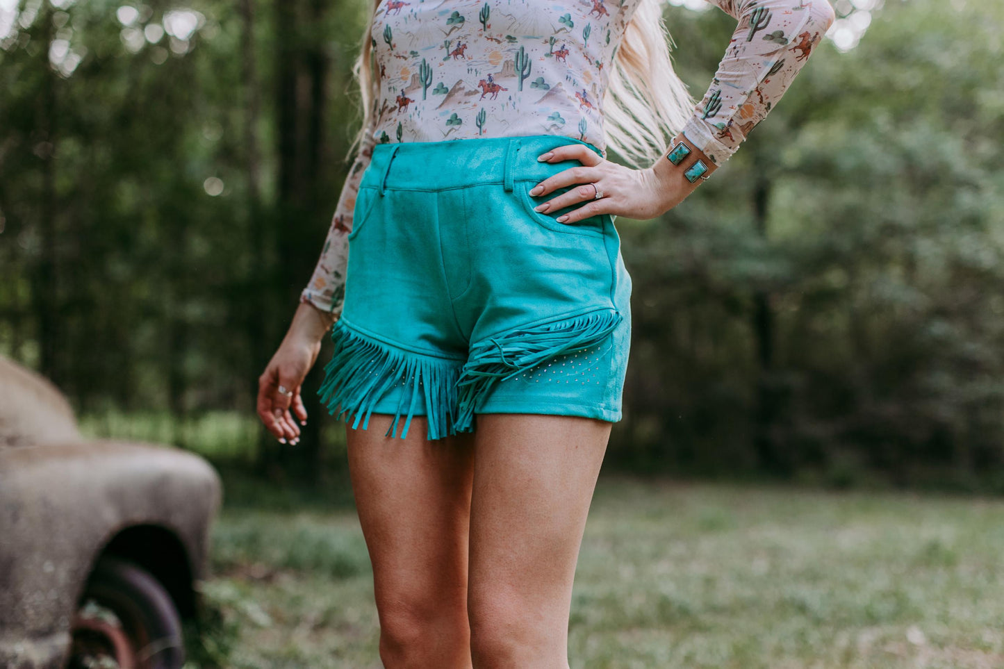 MK313 Dixie Rhinestone Embellished Fringe Shorts - Turquoise