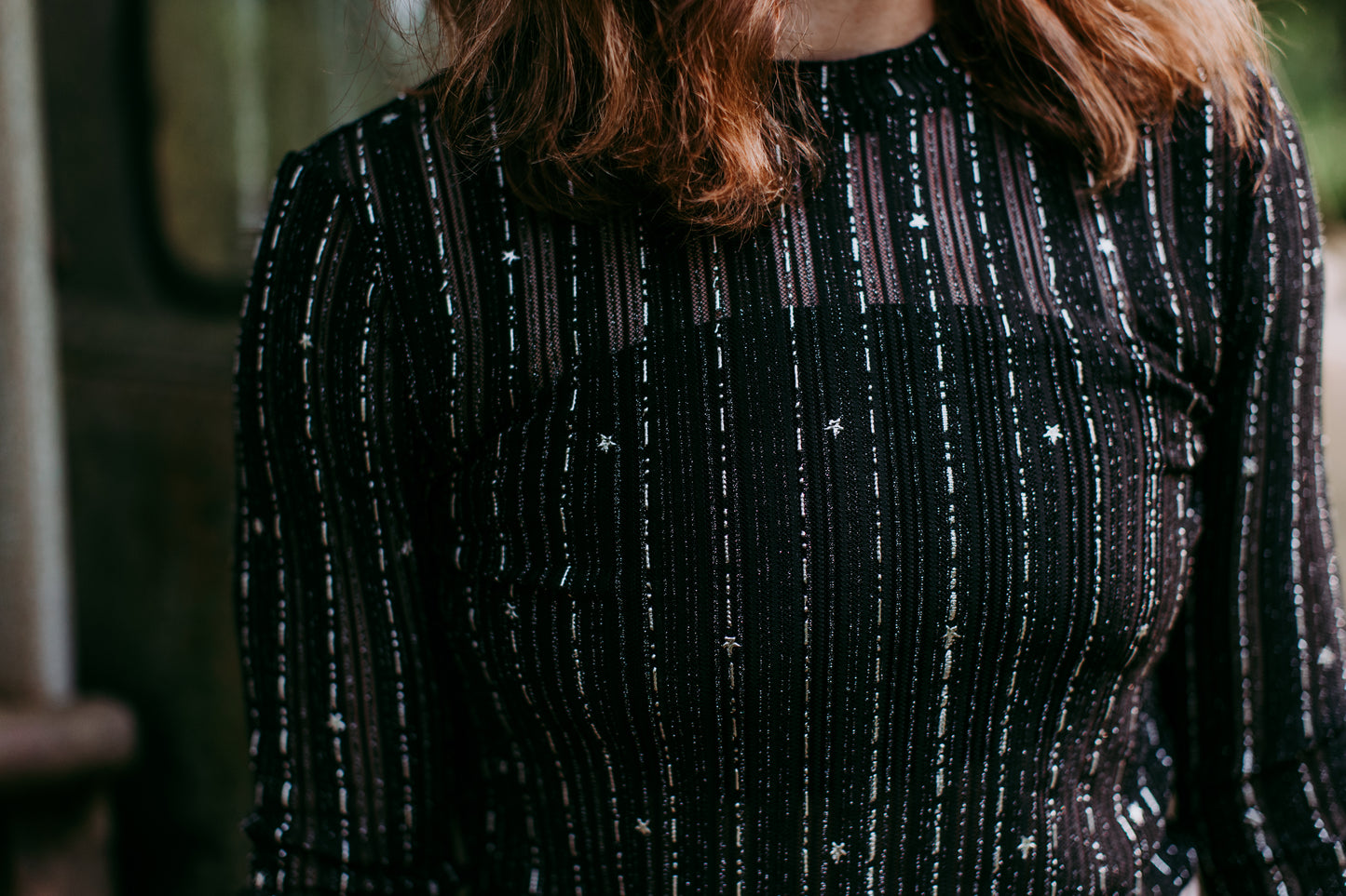 MK424 Night Fever Long Sleeve Foil Embellished Mesh Top - Silver