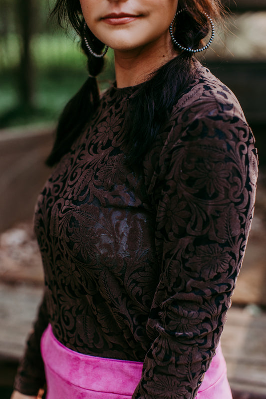 MK479 Tooled Leather Mesh Top - Brown