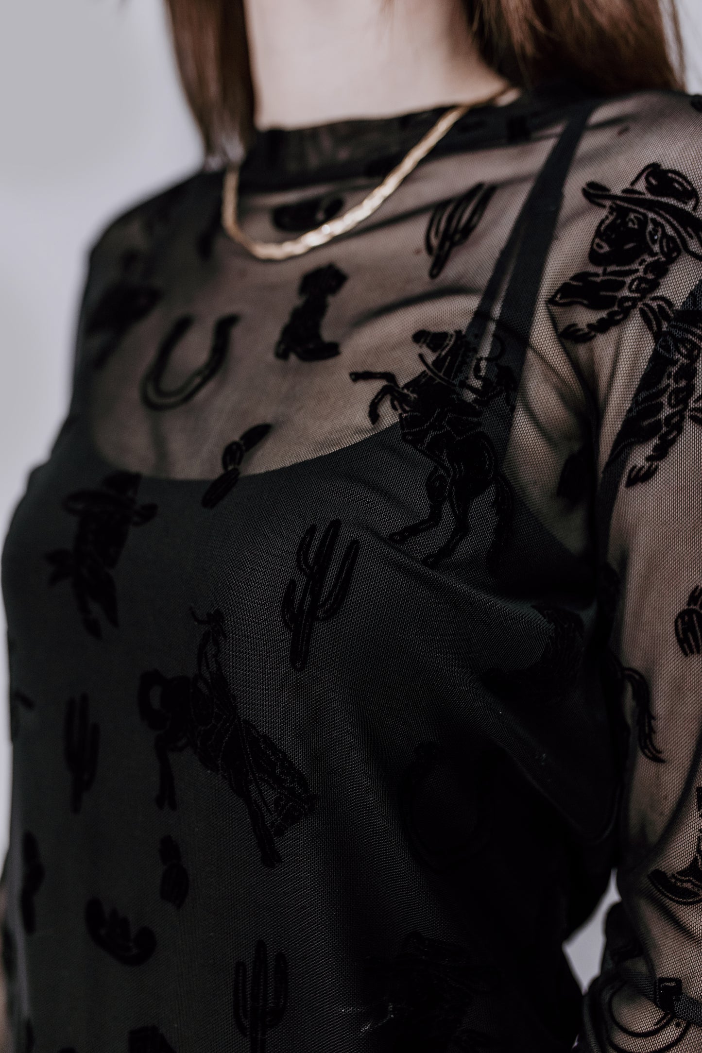 MK717 Lets Rodeo Velvet Mesh Top