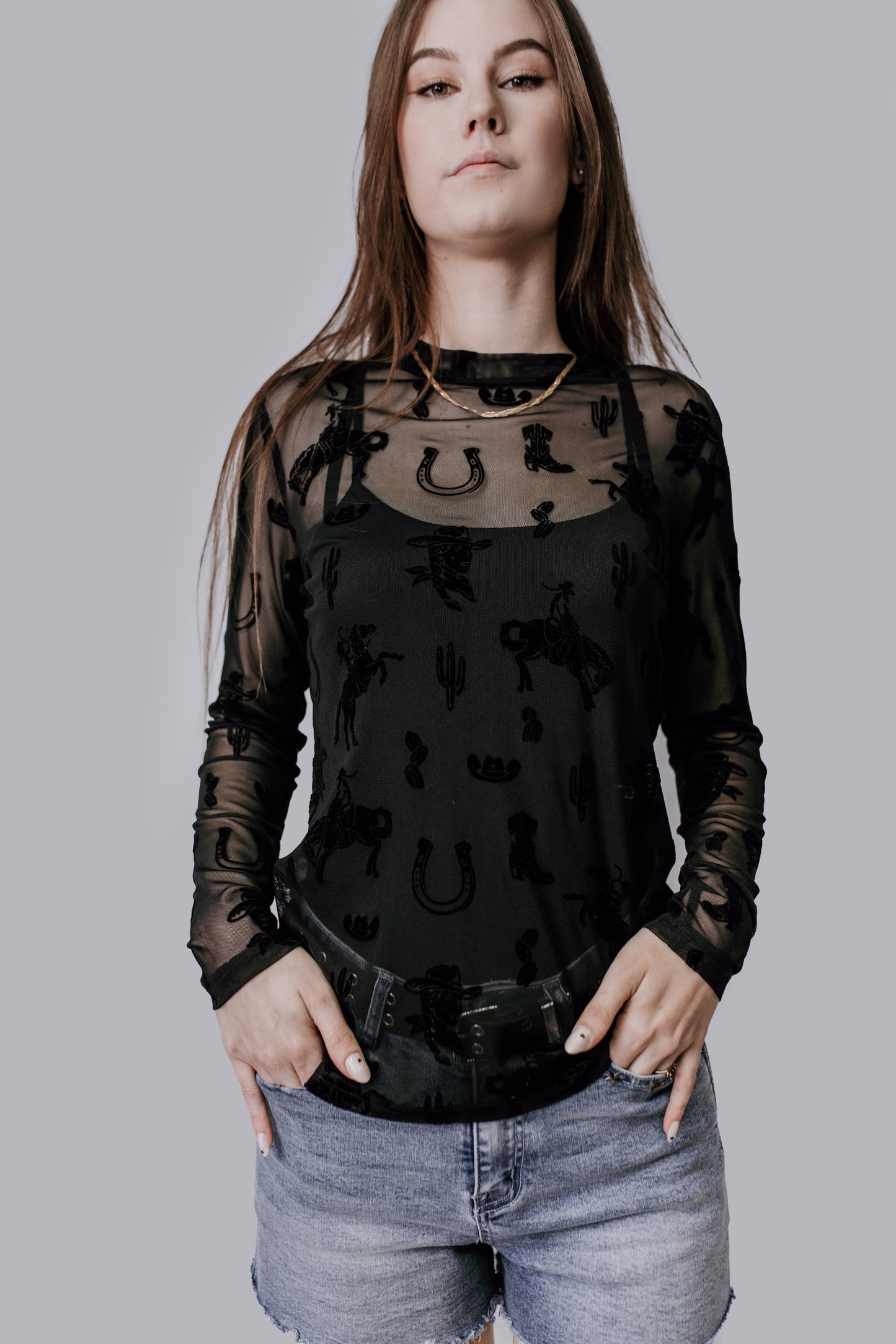 MK717 Lets Rodeo Velvet Mesh Top