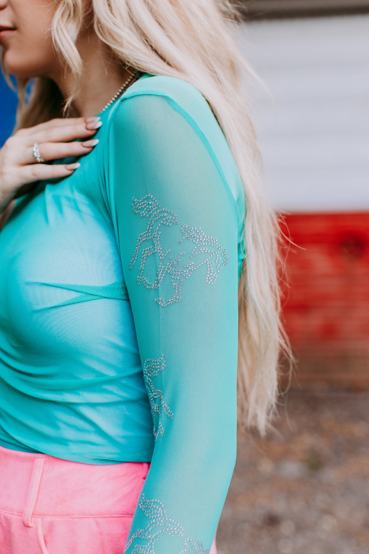MK426 Dylan brown Rhinestone Embellished Mesh LS Top - Turquoise