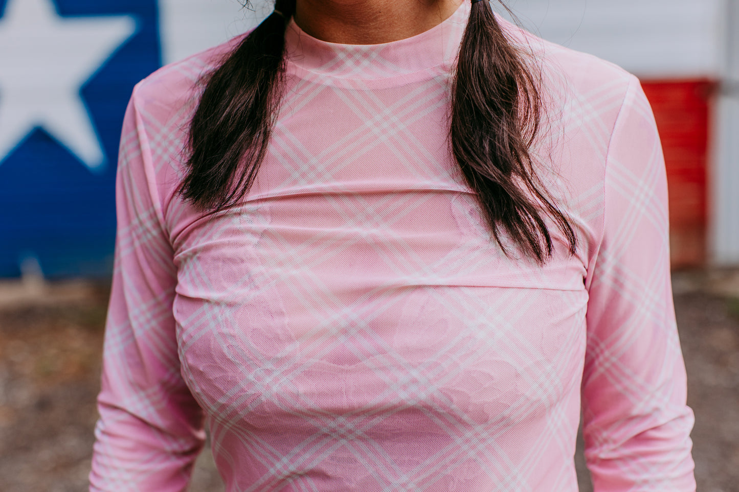 MK515 Pretty in Pink Plaid LS Mesh Top