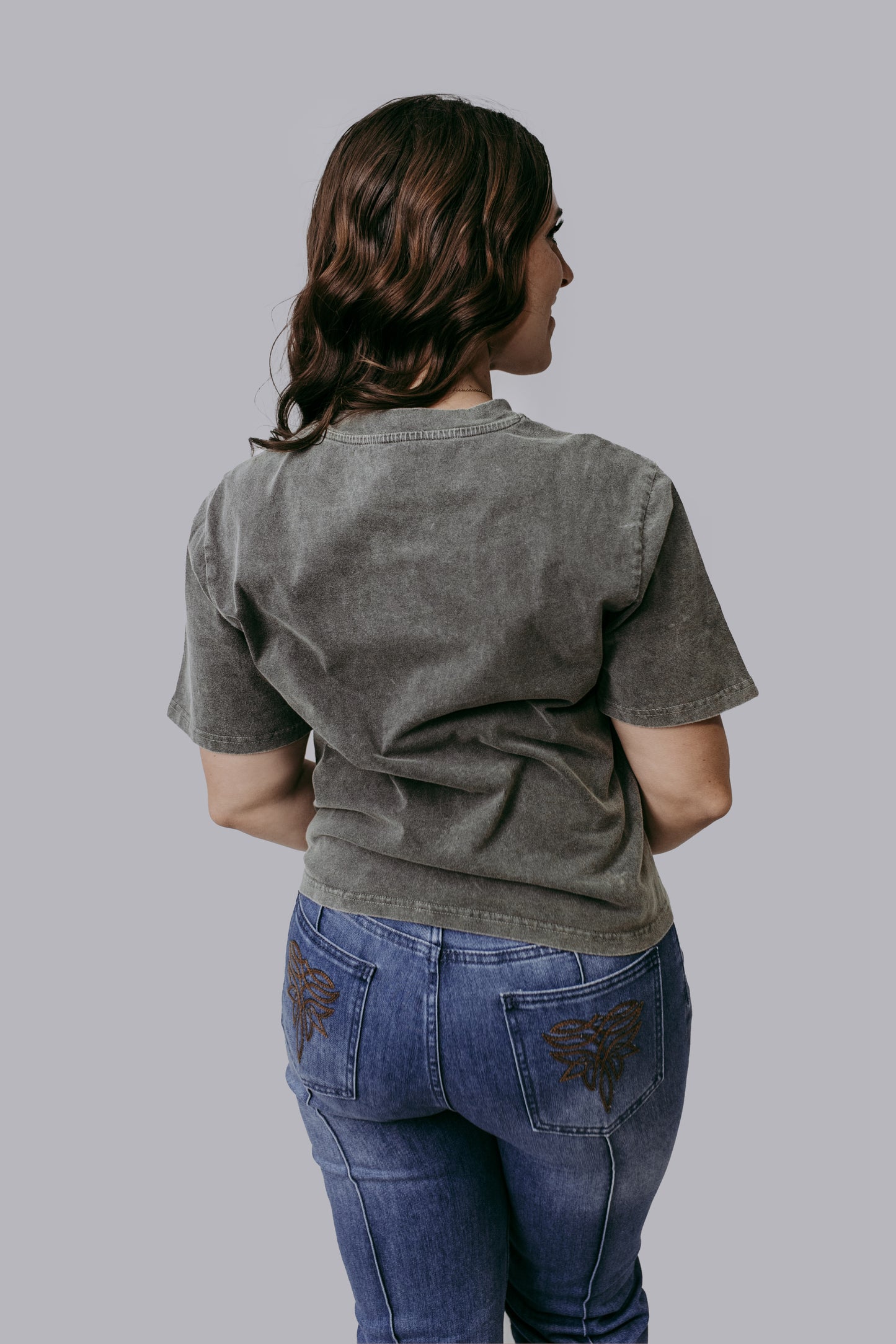 MK639 Cowgirl Embroidery Acid Washed Tee