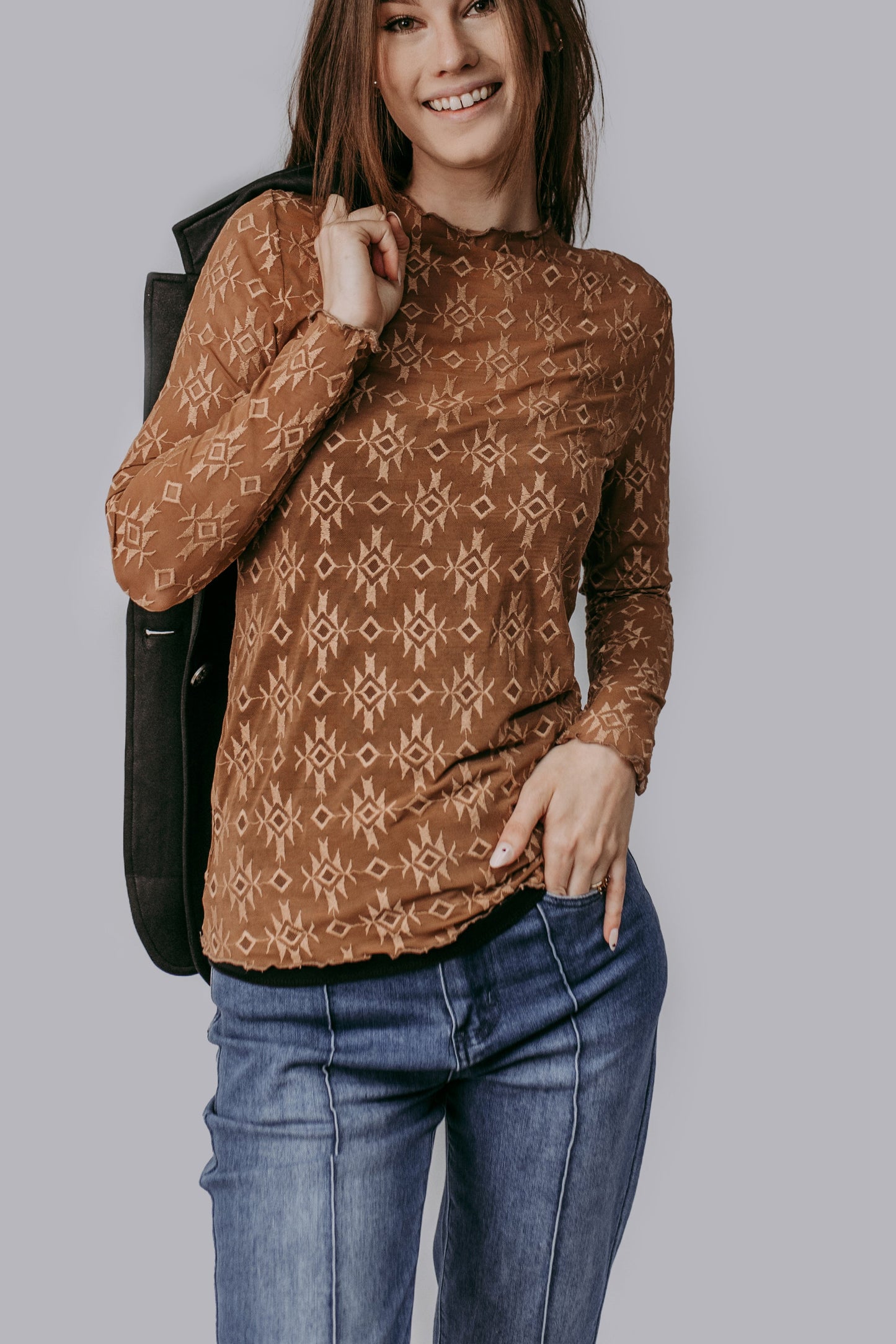 MK716 Aztec Embroidered Mesh Top - Carmel