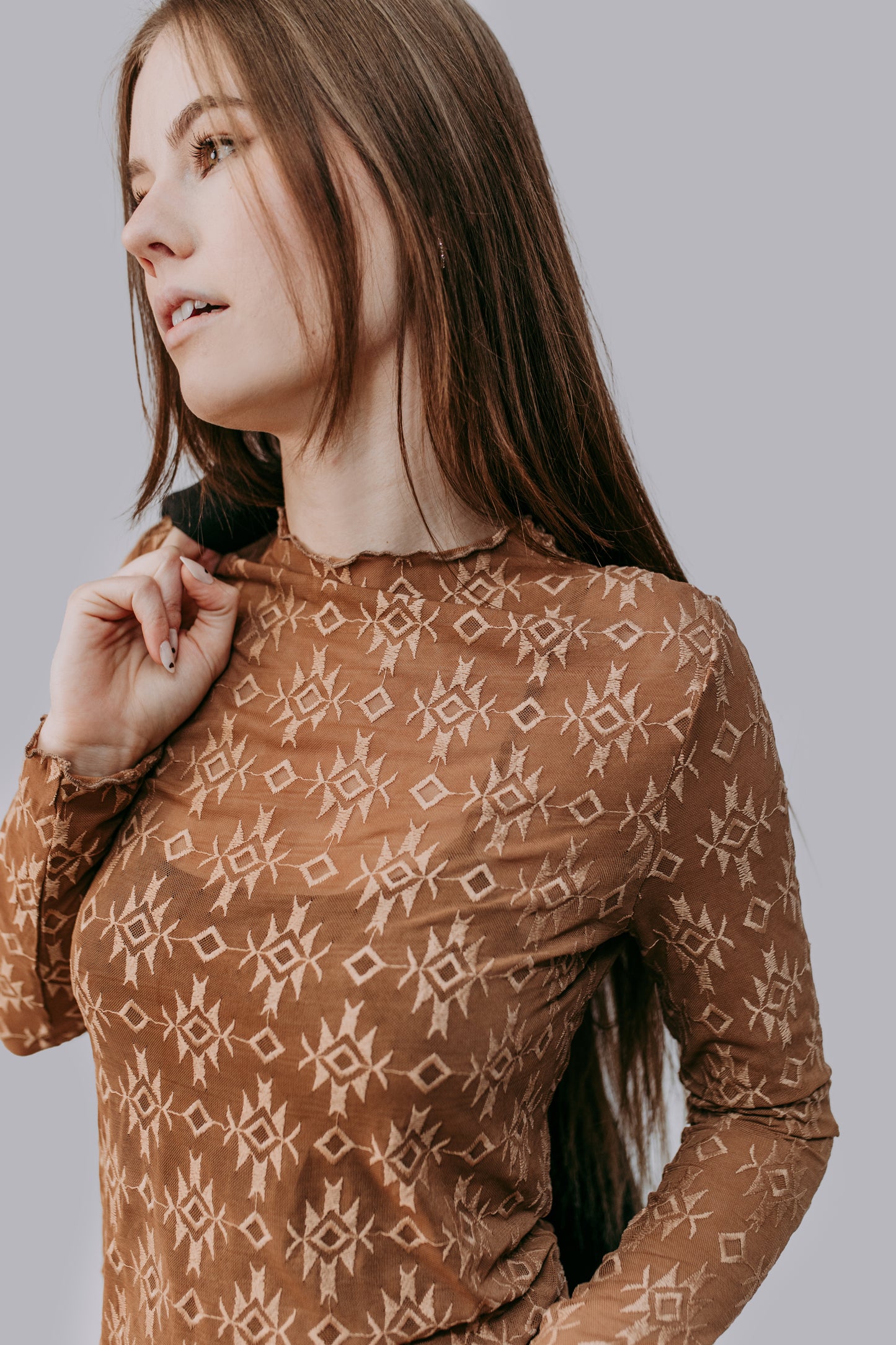 MK716 Aztec Embroidered Mesh Top - Carmel
