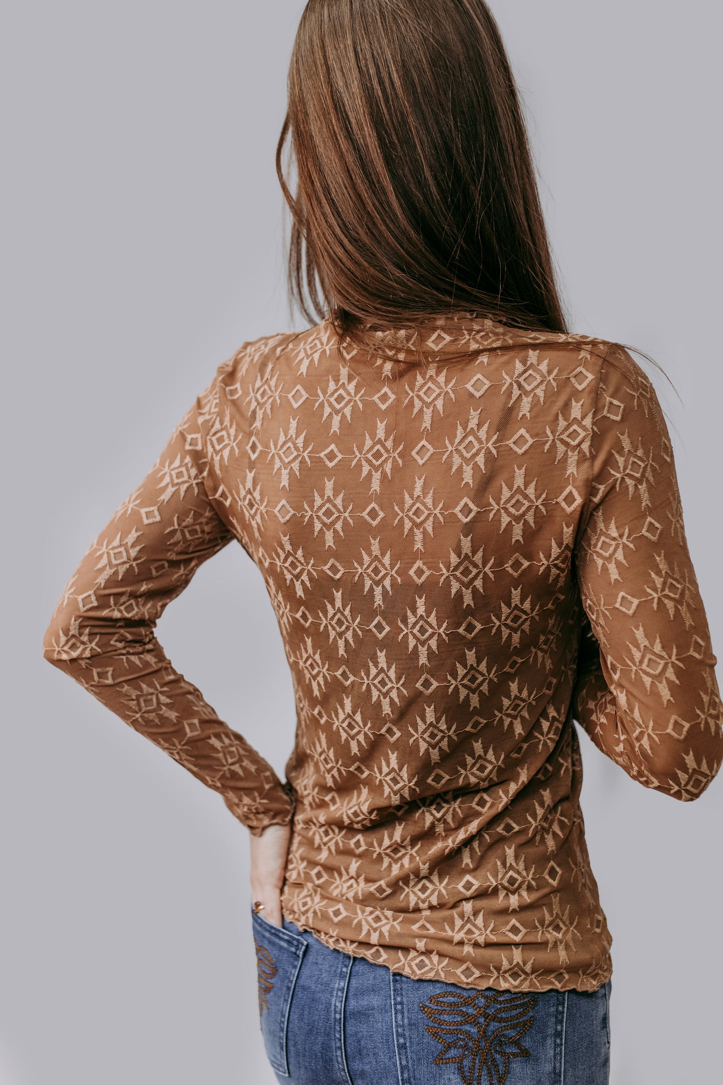 MK716 Aztec Embroidered Mesh Top - Carmel