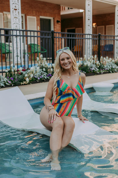 MK99 Bright Serape Ruffled Bathing Suit