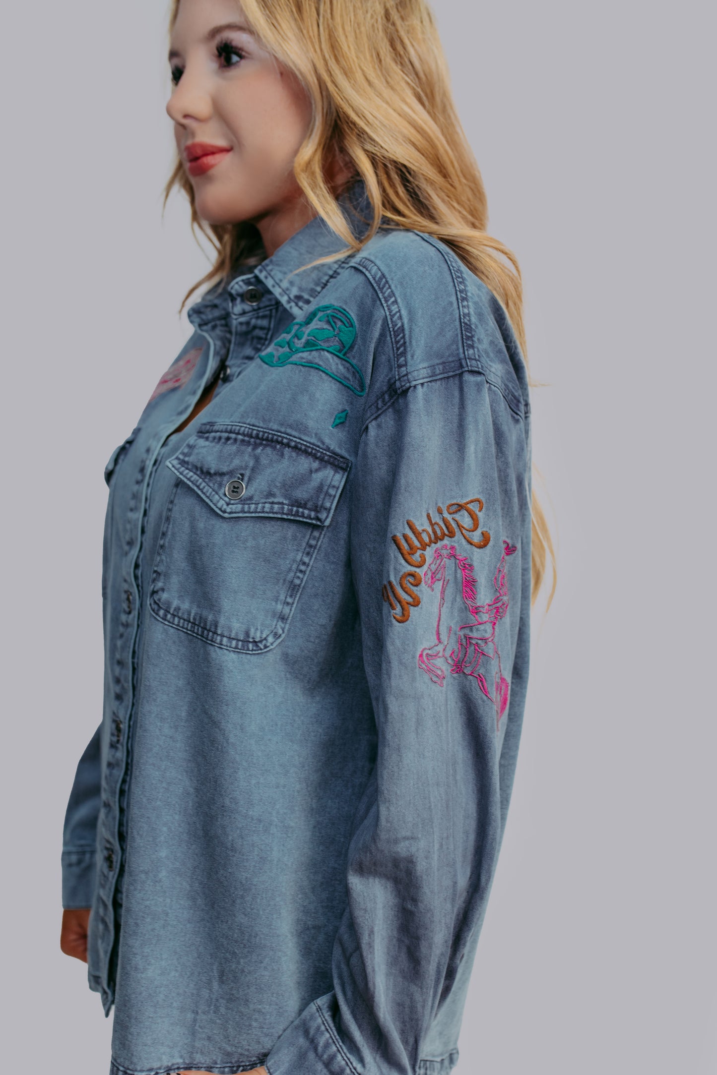 MK522 Giddy Up Embroidery Denim Button Down