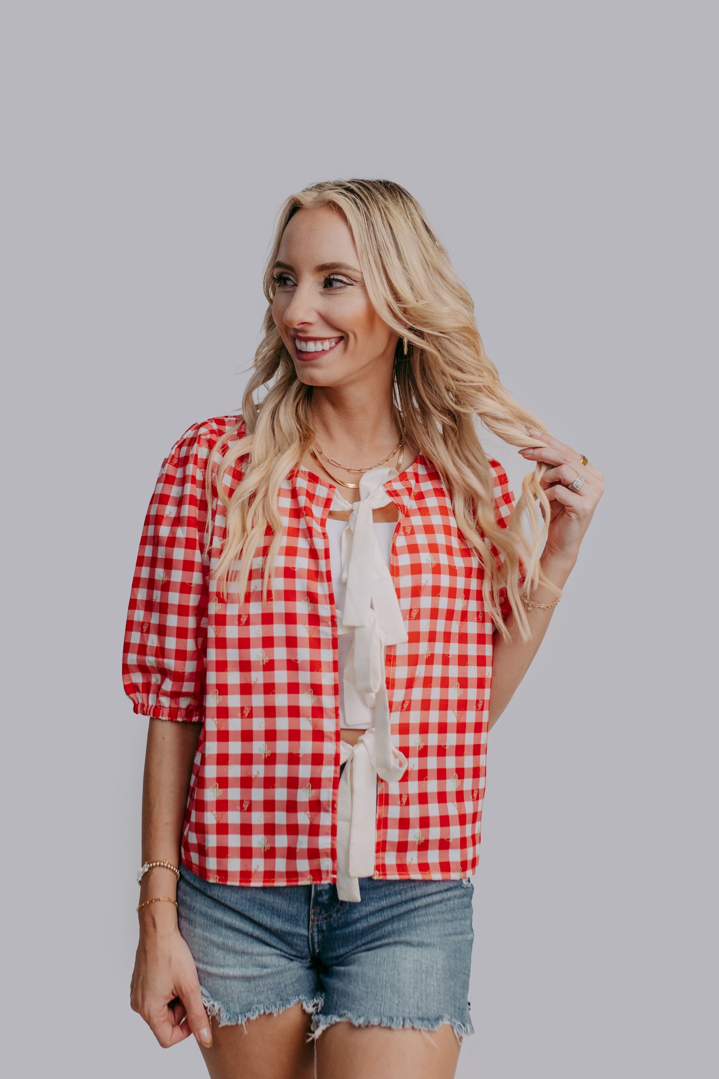 MK621 Plaid Front Tie Blouse