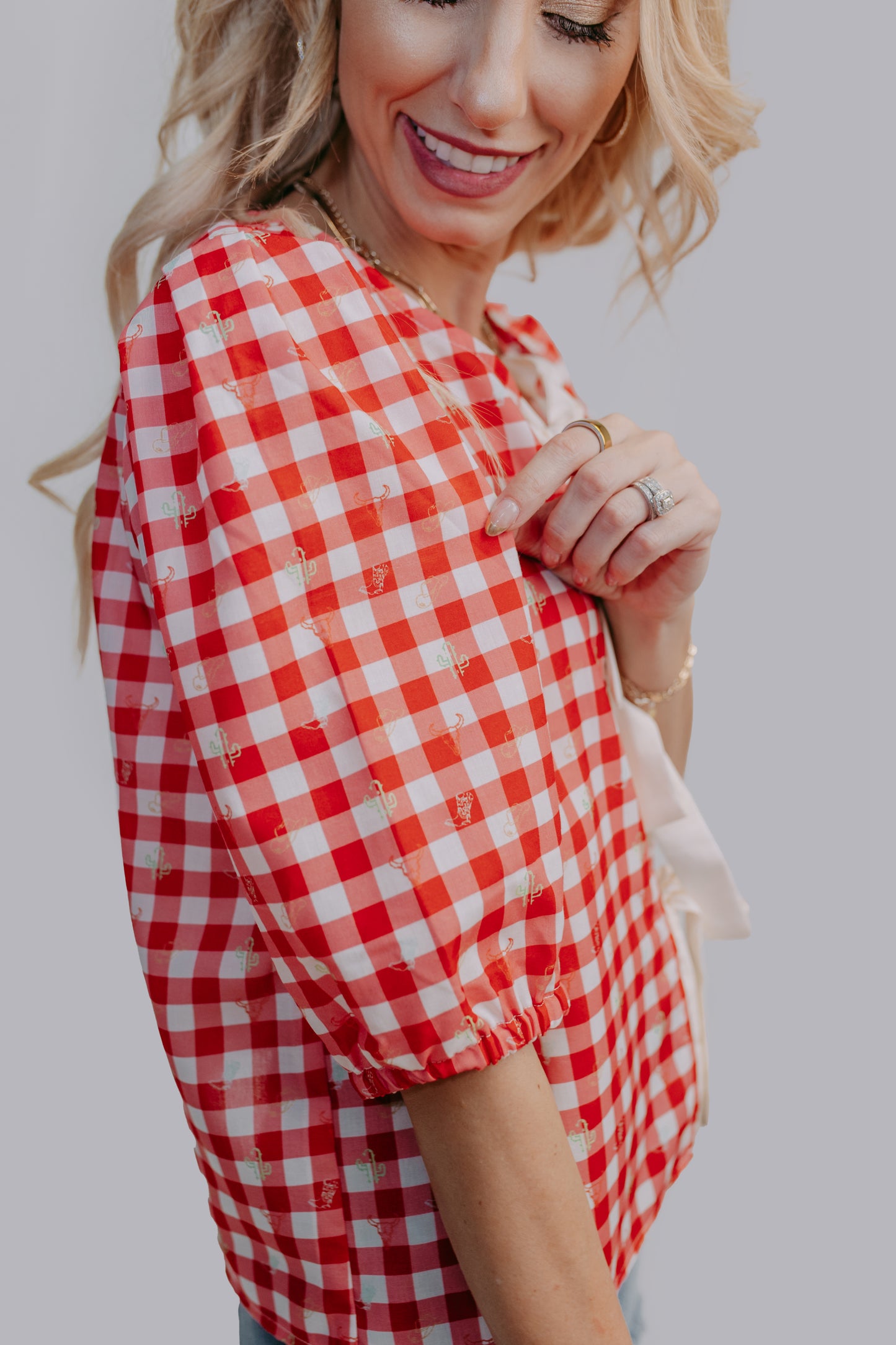 MK621 Plaid Front Tie Blouse