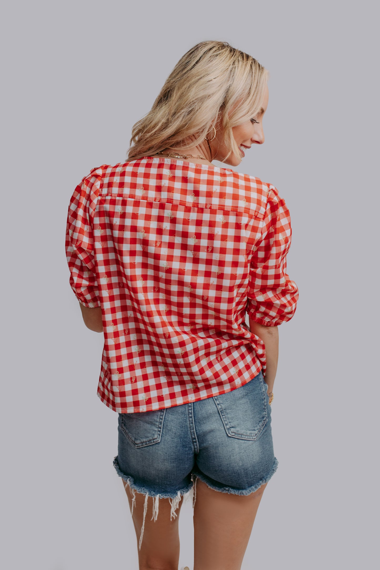 MK621 Plaid Front Tie Blouse