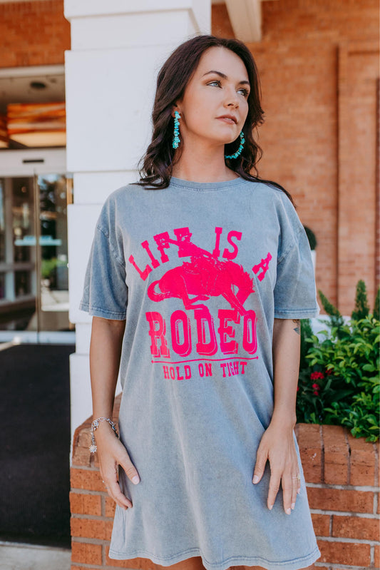 MK350 Life is a Rodeo Mineral Washed Tee Dress - Gray/Pink