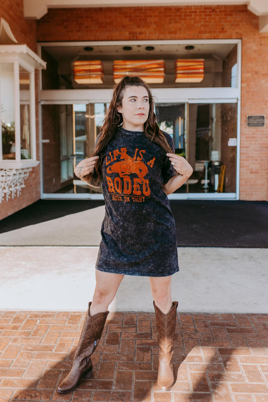 MK350 Life is a Rodeo Mineral Washed Tee Dress - Charcoal