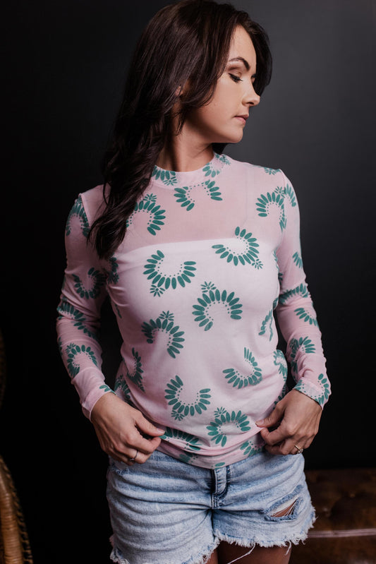 MK564 3D Gemstone LS Mesh Top -Turquoise/Pink