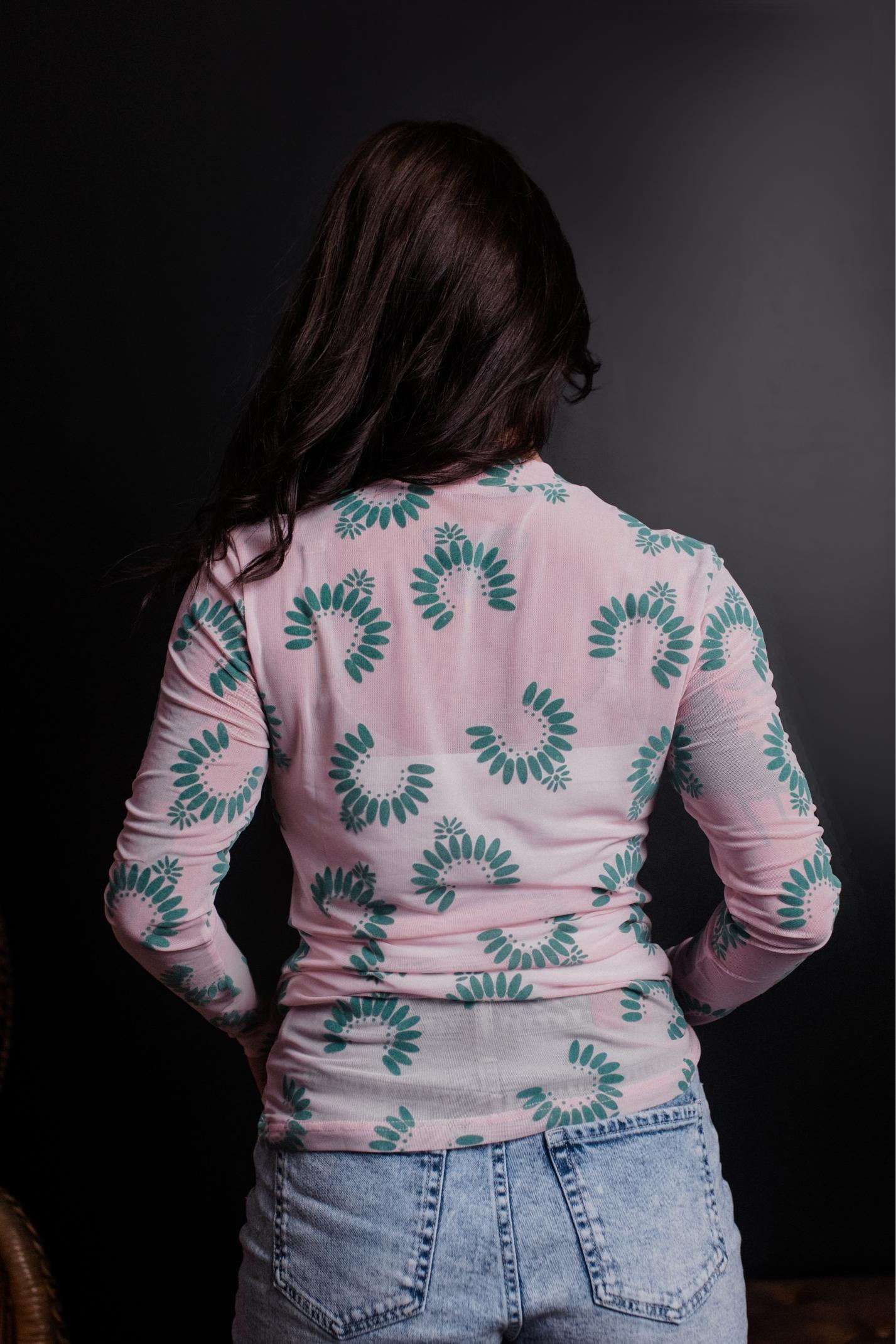MK564 3D Gemstone LS Mesh Top -Turquoise/Pink