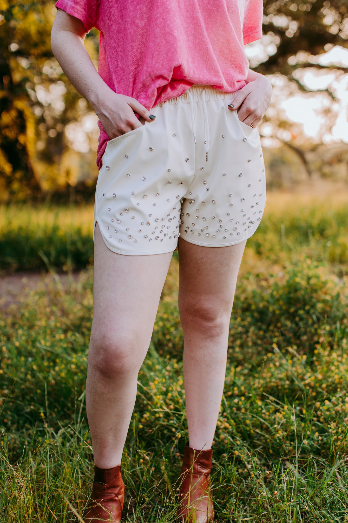 MK328 Sundance Rhinestone Faux Leather Shorts - Cream