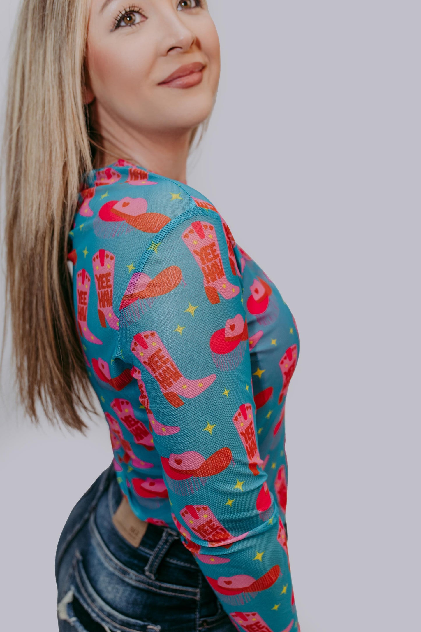 MK165 Yee Haw Long Sleeve Mesh Top - Multi