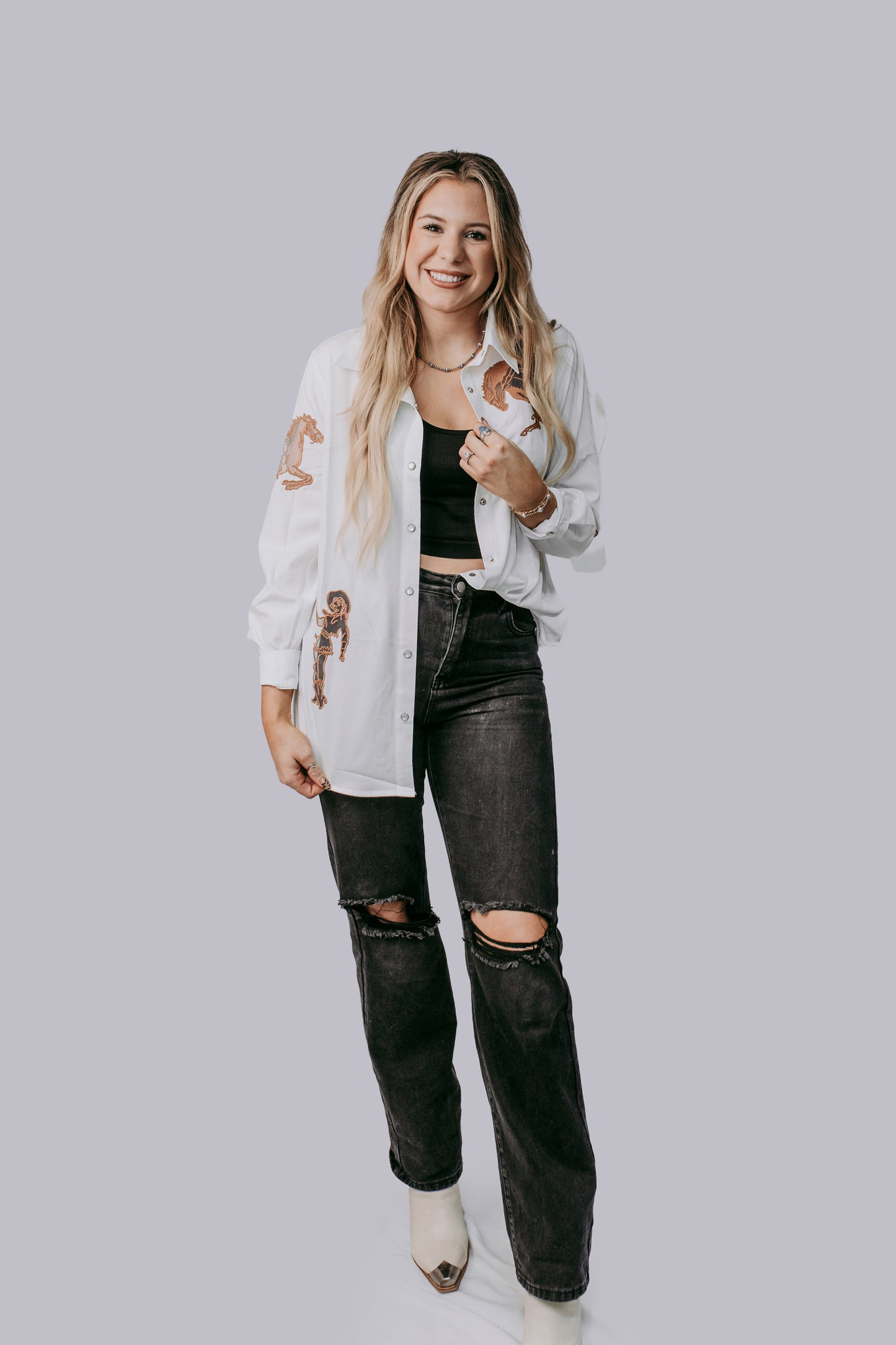 TZ76 Cut Out Embroidery Pearl Snap Button Down Shirt