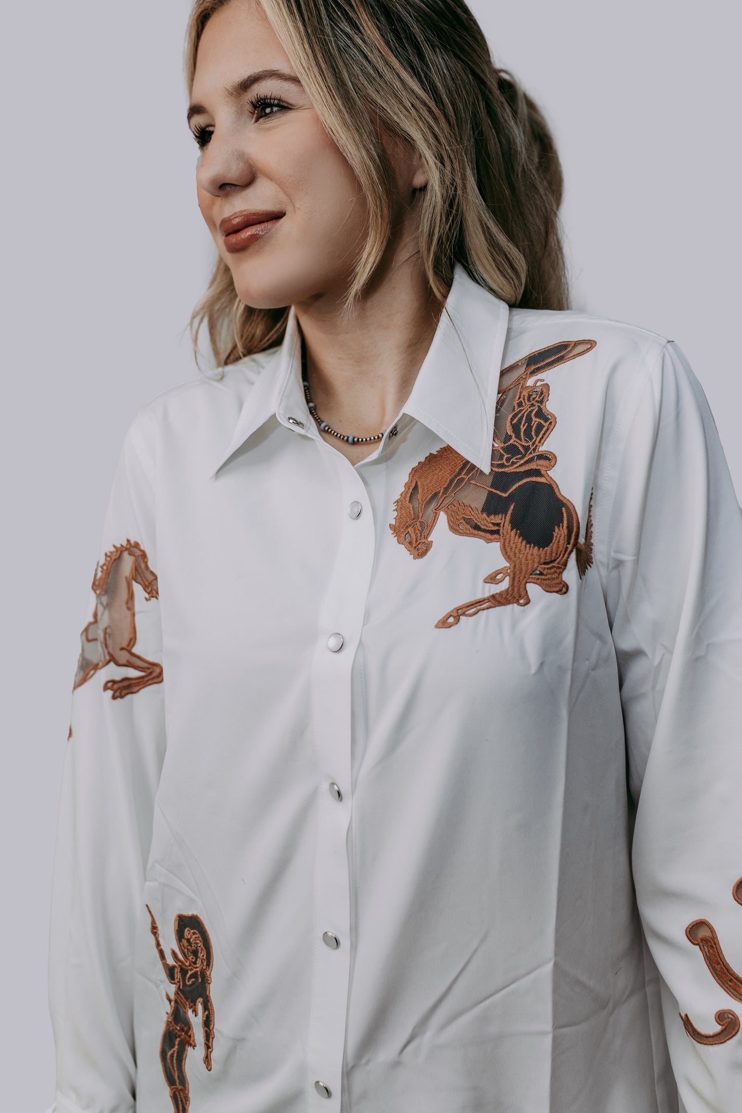 TZ76 Cut Out Embroidery Pearl Snap Button Down Shirt