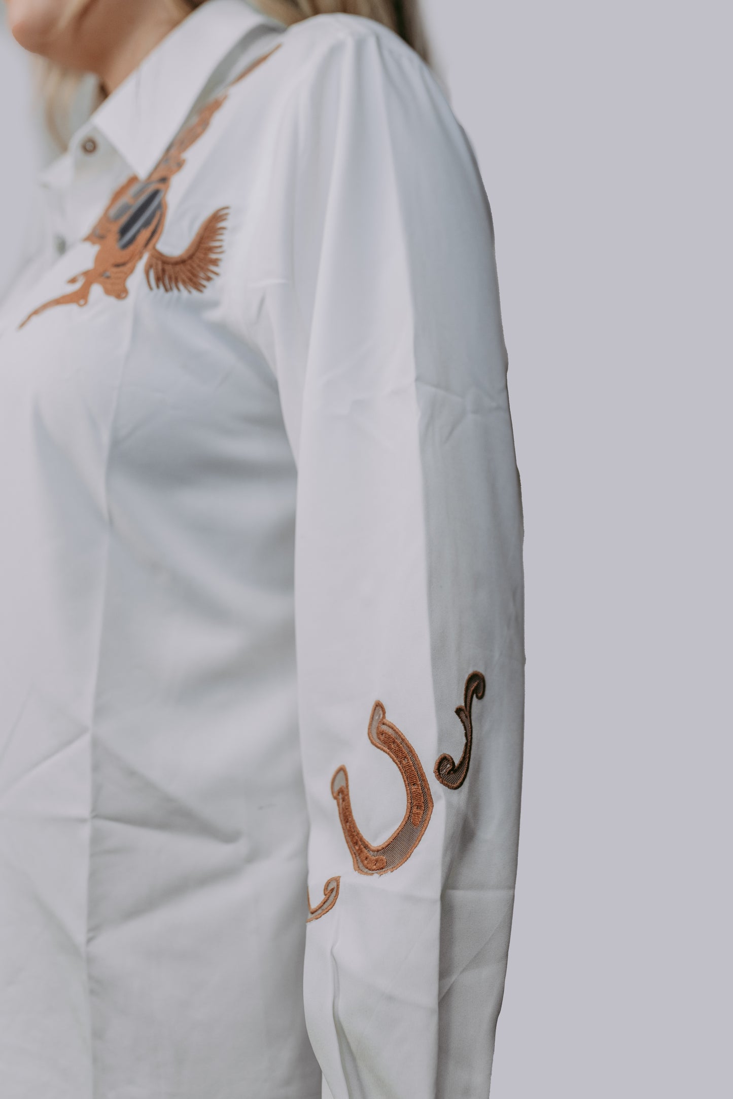 TZ76 Cut Out Embroidery Pearl Snap Button Down Shirt