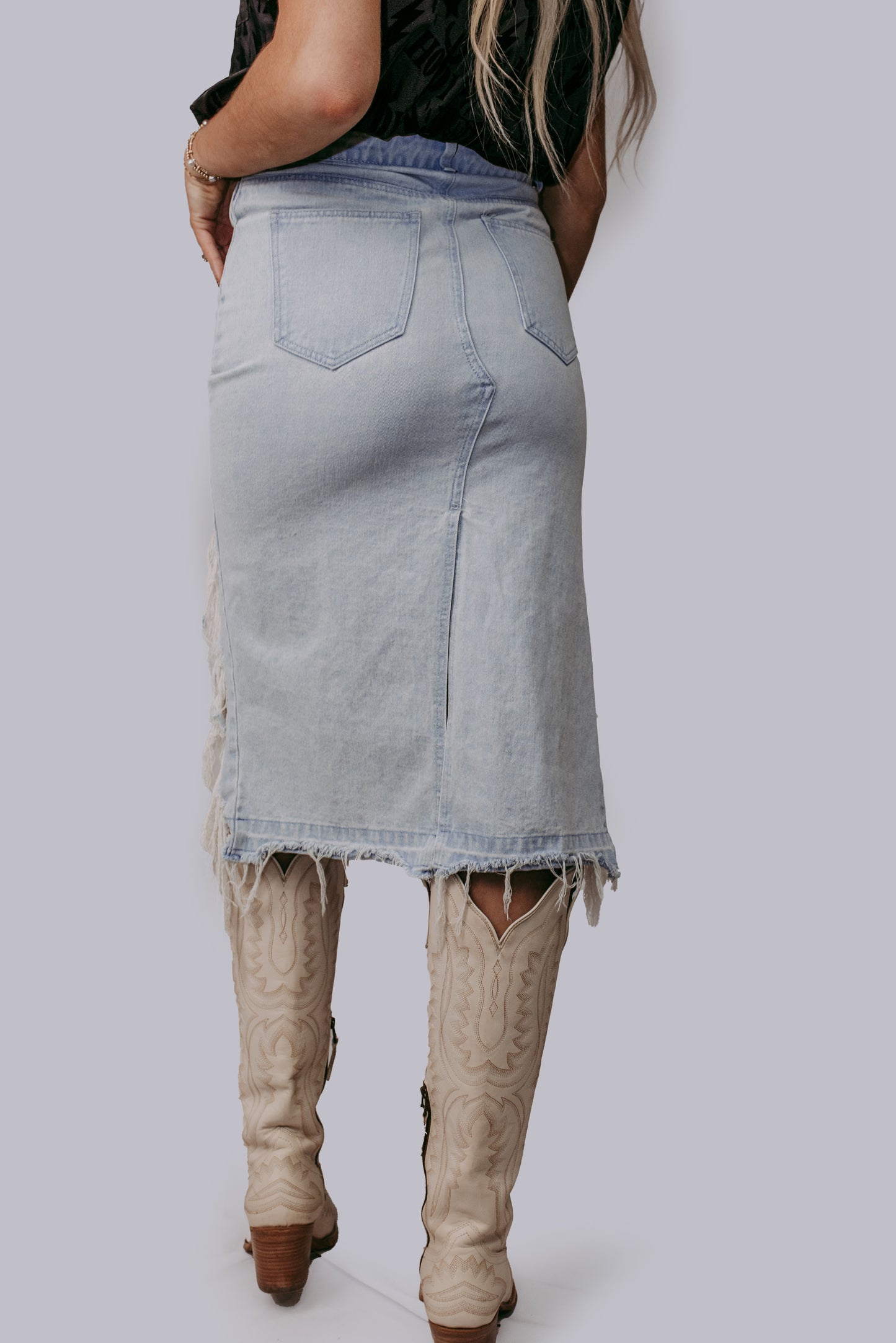 MK607 High Low Denim Maxi Skirt