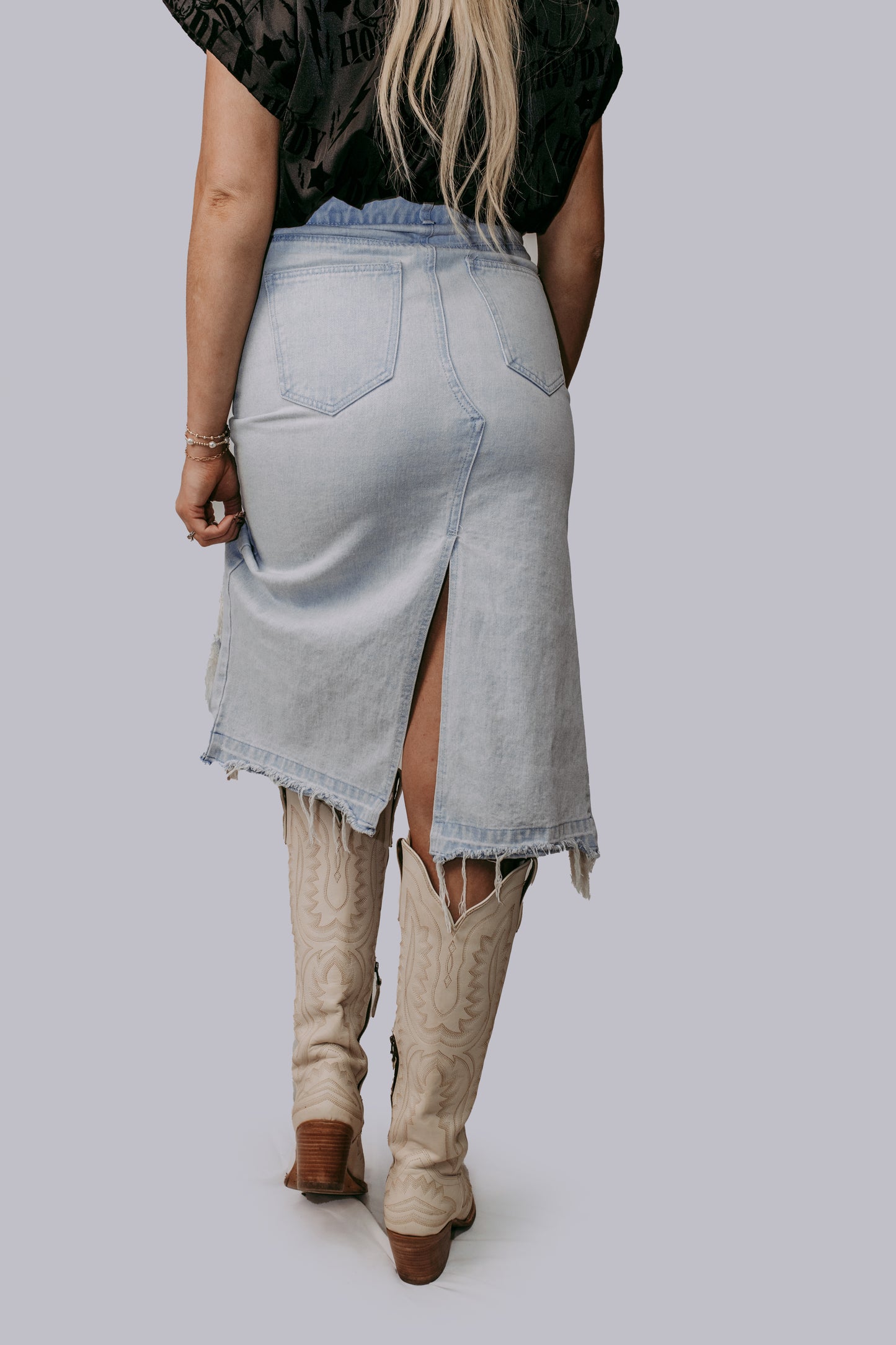 MK607 High Low Denim Maxi Skirt